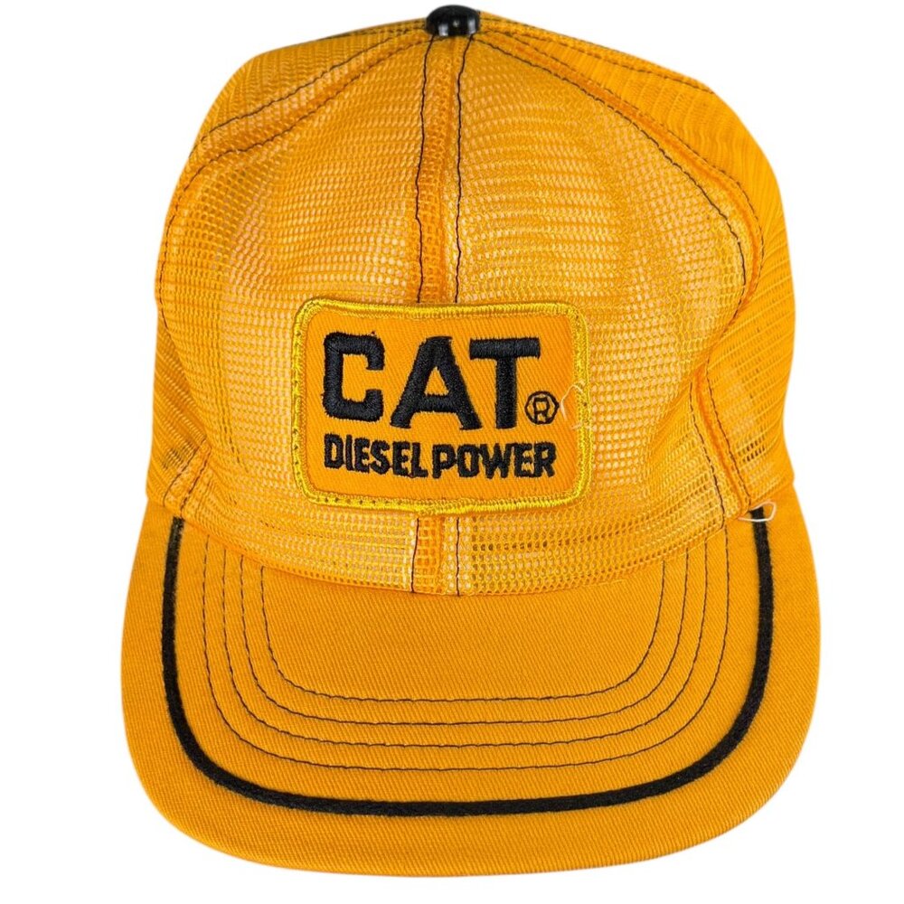 Vintage 70s CAT Diesel Power Snapback Mesh Trucker Hat Yellow One Size